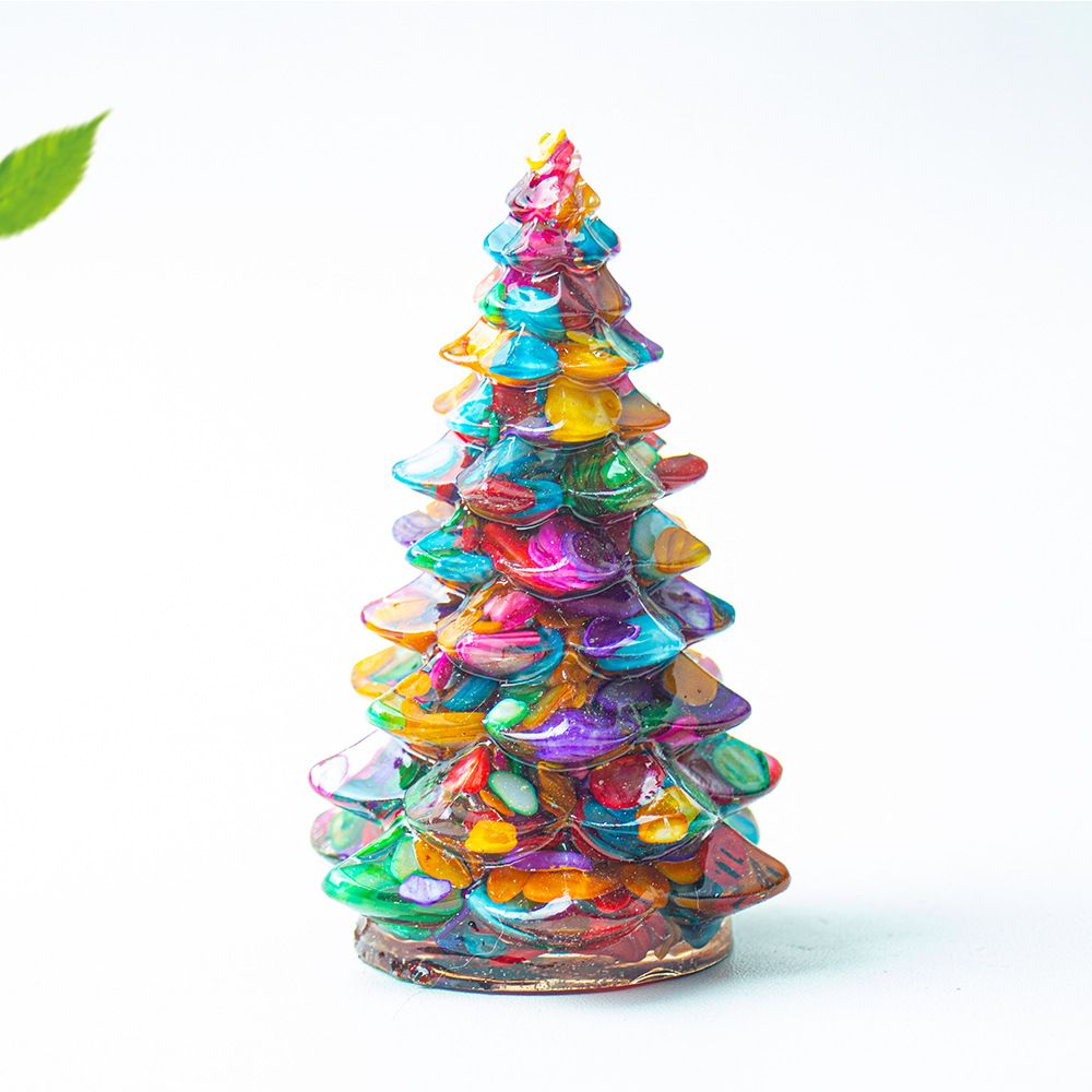 Vibrant Colorful Shell Resin Crystal Christmas Tree Ornament - 55 x 87mm Decorative Mixed Gemstone Style Tabletop Tree for Festive Home Decor Gift Giving