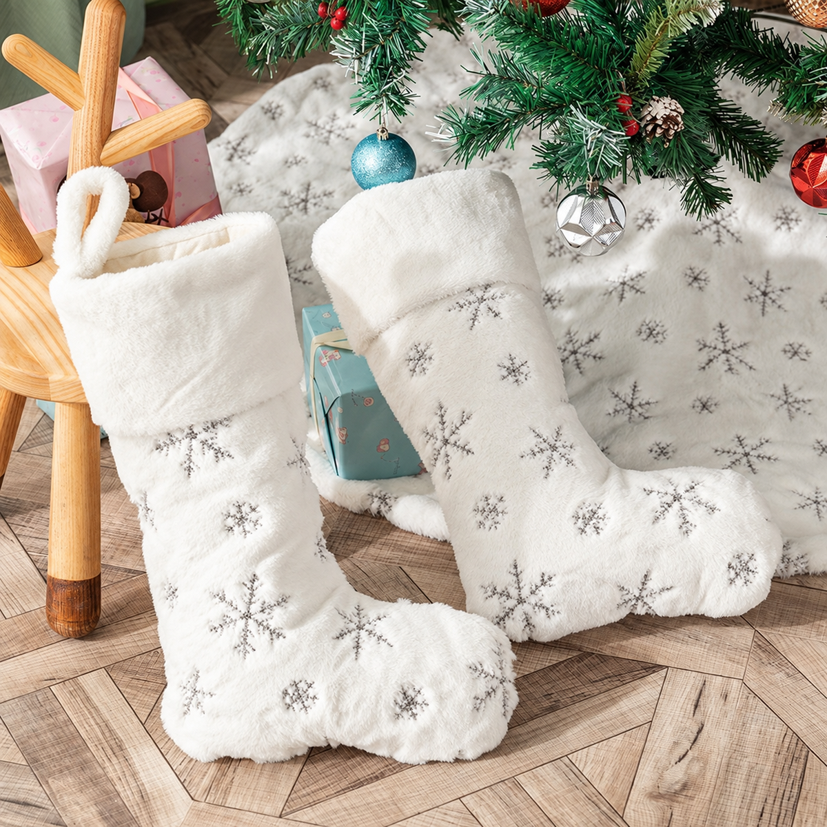 2PCS Large Sequin Plush Christmas Stocking with Silver Embroidered Snowflake Design - 46 x 30 x 18cm Soft White Hanging Gift Bag for Christmas Tree, Fireplace and Holiday Decor