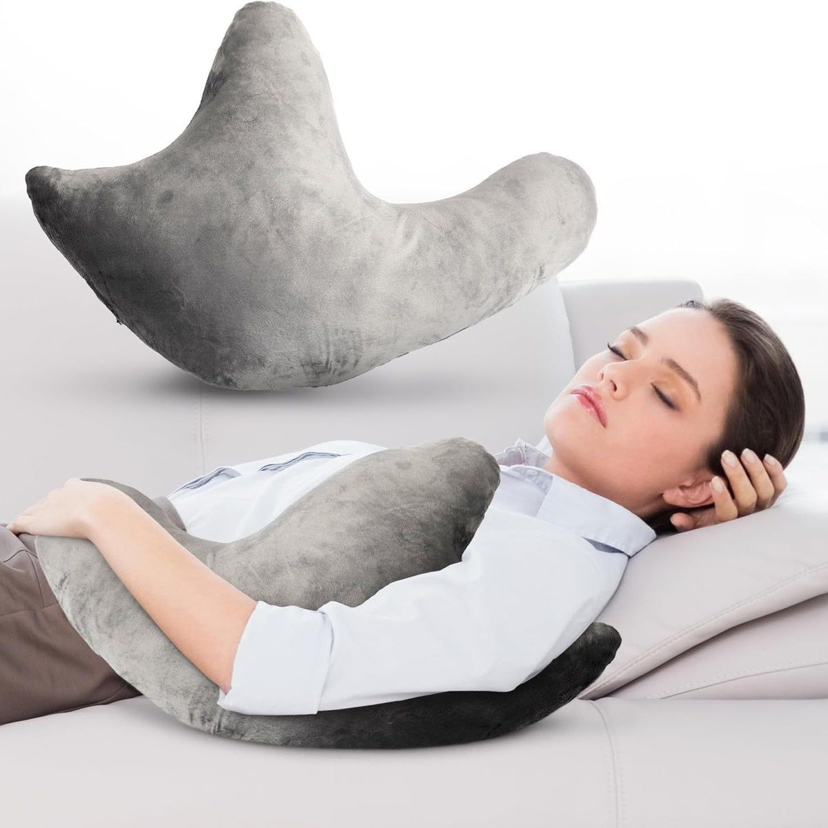 Grey W-Shaped Shoulder Support Double Zipper Pillow - 23.5 x 14 x 6" Soft Arm Support Cushion with Removable Cover for Side Sleeping, In Car, Sitting and Discomfort Easing