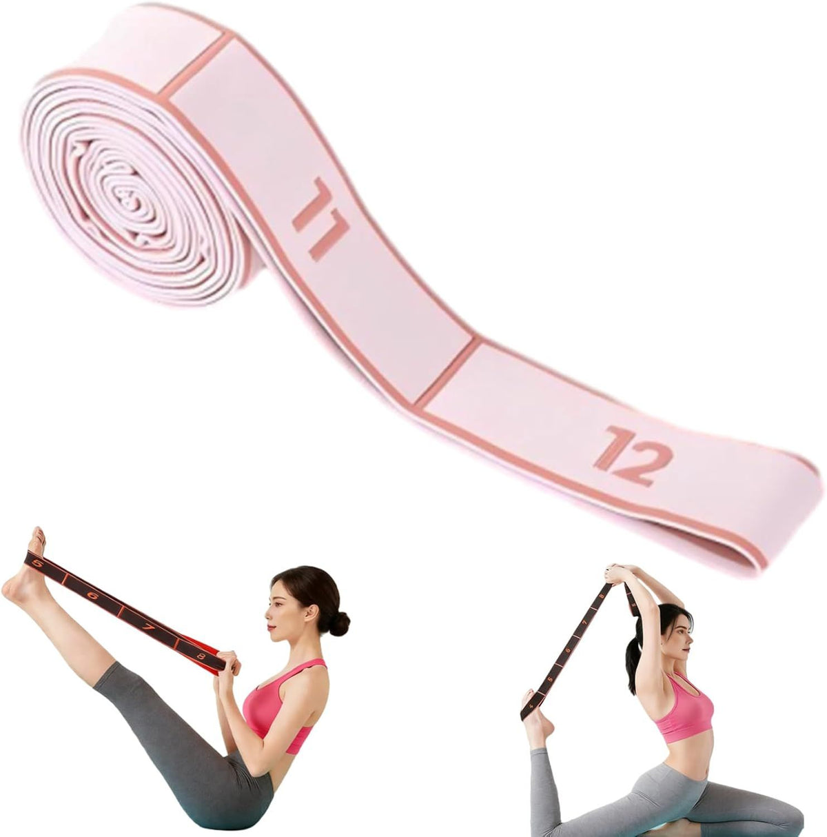12-Pack Pink 12-Loop Numbered Yoga Stretch Strap(4x138CM) - Durable Multi-Segment Resistance Fitness Band for Pilates & Gym