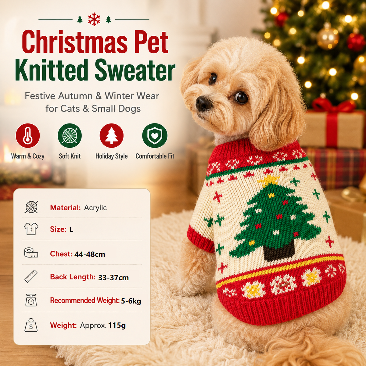 Red and Green  L Size Christmas tree pattern Christmas Pet Knitted Dress - Acrylic Dog and Cat Jumper, Lightweight Festive Winter Outfit for Pets, Holiday Photos and Celebrations