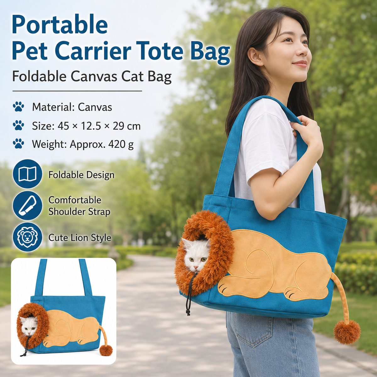 Lion Style Canvas Pet Carrier Blue Bag（big size 45*12.5*29cm） - Adjustable Head Opening, Breathable Mesh, 8cm Wide Shoulder Strap, PE Support Base, Portable Crossbody Sling for Cats and Dogs, Travel Friendly Design