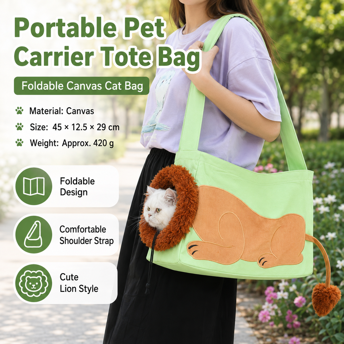 Lion Style Canvas Pet Carrier Green Bag（big size 45*12.5*29cm） - Adjustable Head Opening, Breathable Mesh, 8cm Wide Shoulder Strap, PE Support Base, Portable Crossbody Sling for Cats and Dogs, Travel Friendly Design