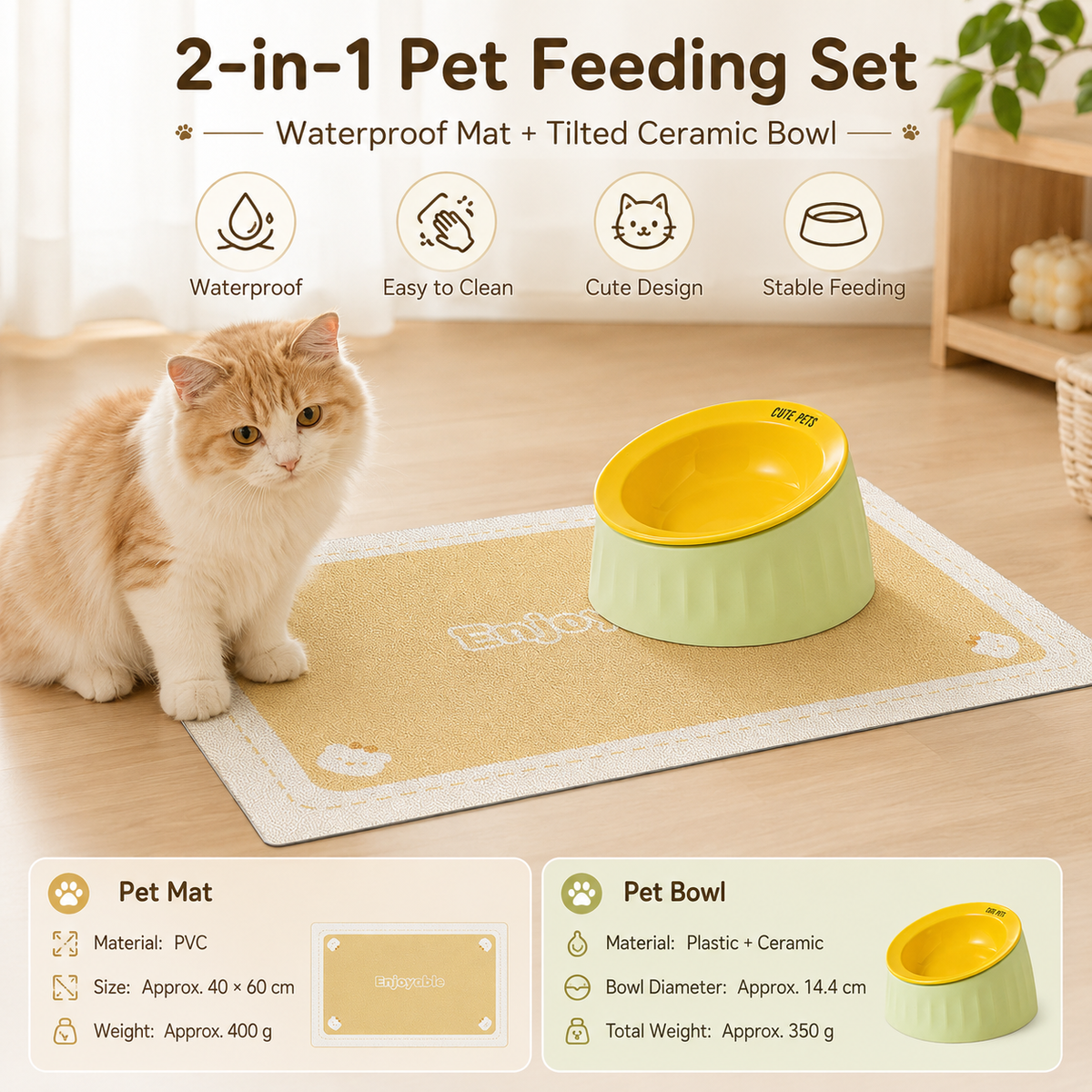 Pet Feeding Set - 15 Degree Tilted Ceramic Yellow Bowl and Yellow Non-Slip PVC Mat, Detachable Design, Easy Clean Cat Dog Food Water Dish