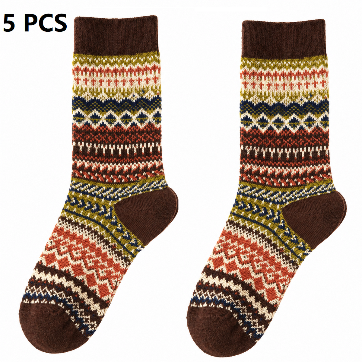5-pcs Coffee Retro Ethnic Mid-Calf Socks for Women - Soft Cotton Blend, Seamless Toe, Non-Slip Heel, High Elastic Cuff, Versatile Autumn Winter Fashion Accessory