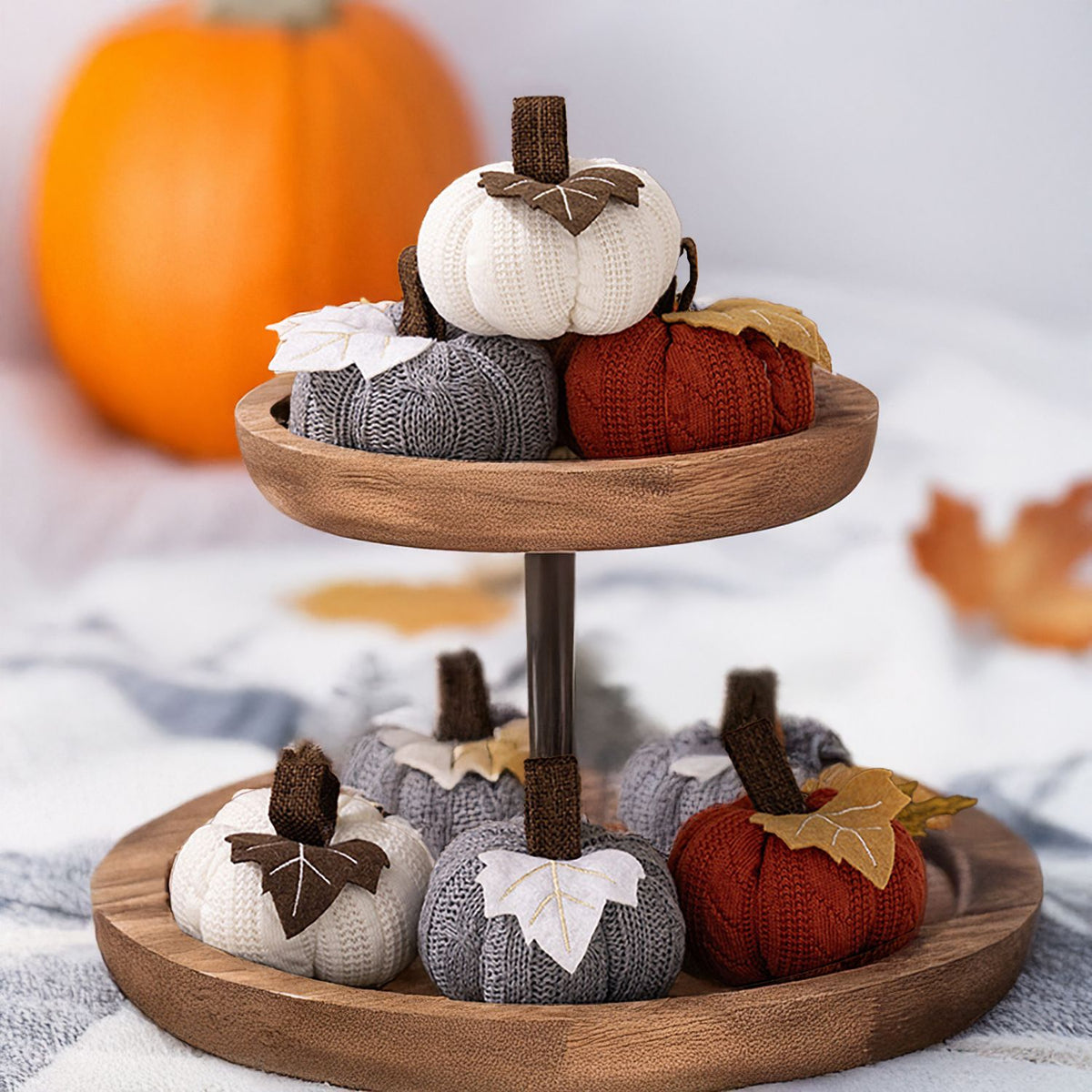 3-pack Brown Knitted Pumpkin Decoration - Polyester Fabric Fall Harvest Ornament With Hanging Loop For Thanksgiving Table Centre And Farmhouse Home Decor