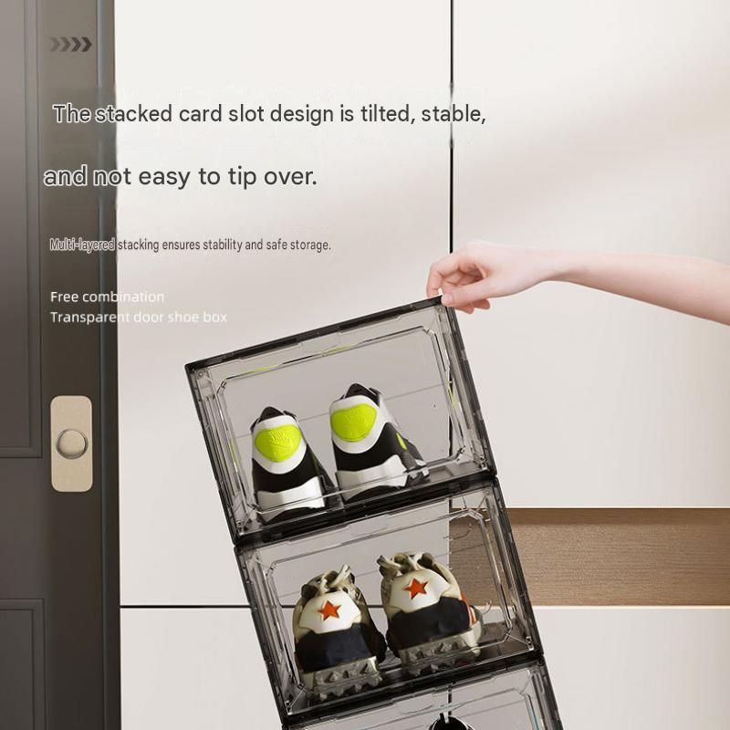 4 transparent black ones Stackable Magnetic Shoe Storage Box - Transparent PS Plastic - Front Opening Door, Dustproof Display, Space Saving Modular Design for Sneakers and Home Organisation