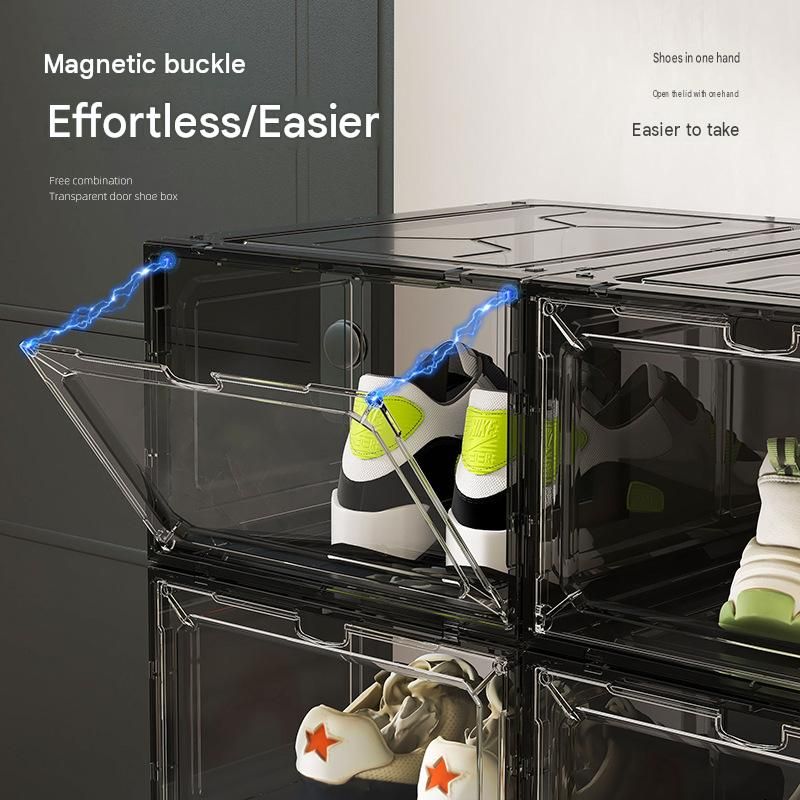 4 transparent white ones Stackable Magnetic Shoe Storage Box - Transparent PS Plastic - Front Opening Door, Dustproof Display, Space Saving Modular Design for Sneakers and Home Organisation