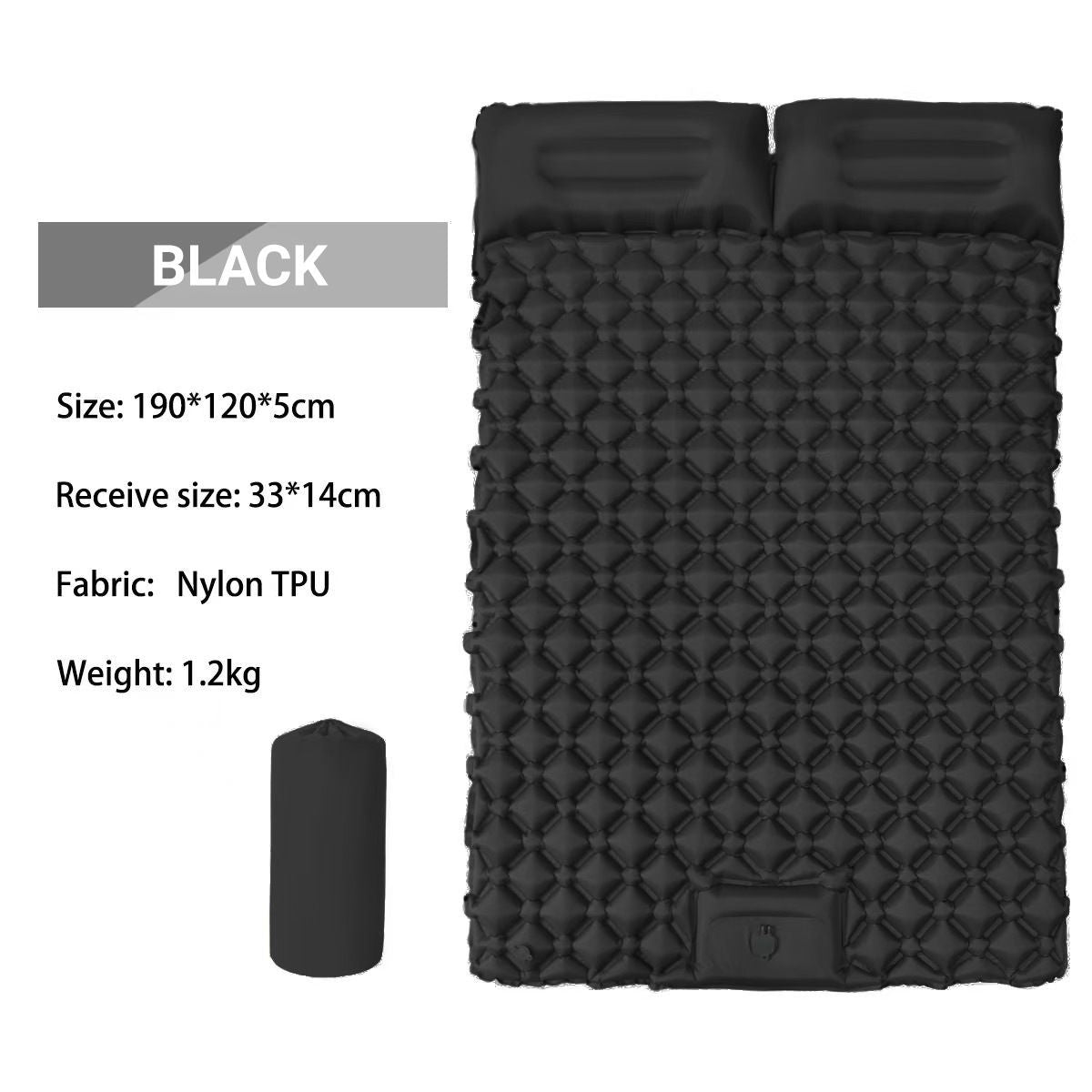 Double Outdoor Foot Pump Inflatable Sleeping Pad （190 x 120 x 5 cm）- 40D Nylon Camping Air Mattress with Built-in Pillow and Double Valve - Portable Moisture Proof Mat for Hiking Backpacking