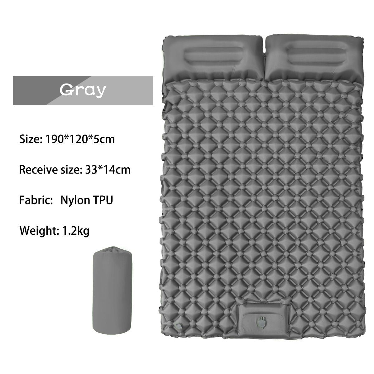 Double Outdoor Foot Pump Inflatable Sleeping Pad （190 x 120 x 5 cm）- 40D Nylon Camping Air Mattress with Built-in Pillow and Double Valve - Portable Moisture Proof Mat for Hiking Backpacking