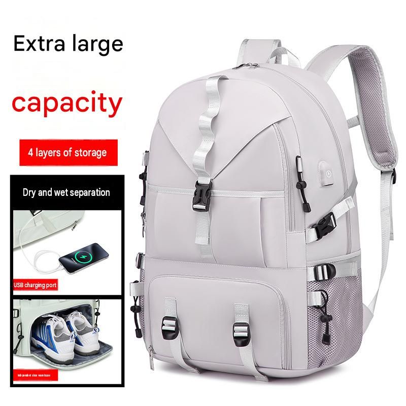 Black Large Capacity Travel Backpack - Waterproof Polyester Hiking Rucksack with Shoe Compartment and USB Port - Unisex Outdoor Luggage Bag for Camping Trekking and Weekend Trips