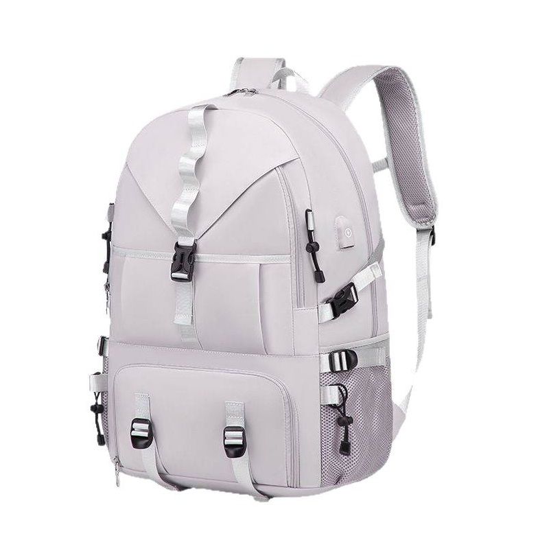Grey Large Capacity Travel Backpack - Waterproof Polyester Hiking Rucksack with Shoe Compartment and USB Port - Unisex Outdoor Luggage Bag for Camping Trekking and Weekend Trips