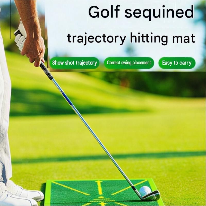 Yellow trajectory line and printed "OK"Golf Swing Training Mat- Sequin Track Detection - Portable Plastic and Rubber Practice Pad for Indoor and Outdoor Use, Anti-Slip Base 24.4x38.4cm