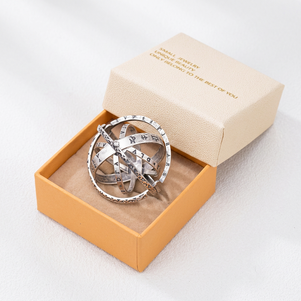 Silvery US 11 Transformable Astronomical Sphere Ring - Alloy - 2-in-1 Ring and Pendant Design, Rotating Globe Structure, Retro Cosmic Style, Unisex Fashion Accessory