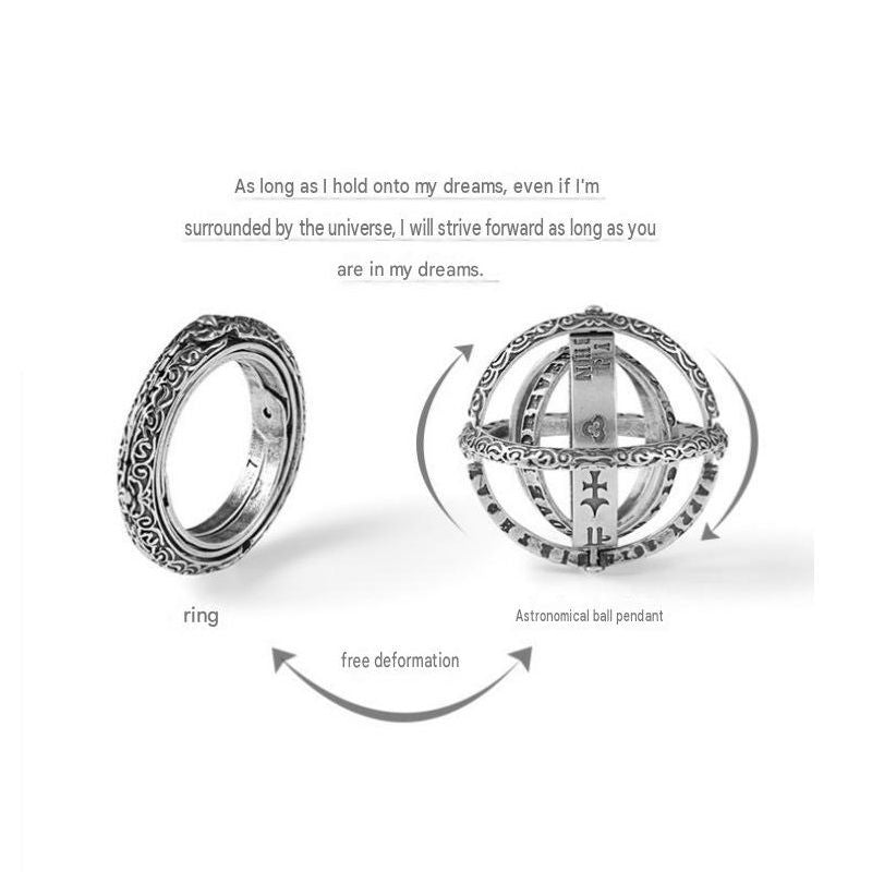 Golden US 7 Transformable Astronomical Sphere Ring - Alloy - 2-in-1 Ring and Pendant Design, Rotating Globe Structure, Retro Cosmic Style, Unisex Fashion Accessory