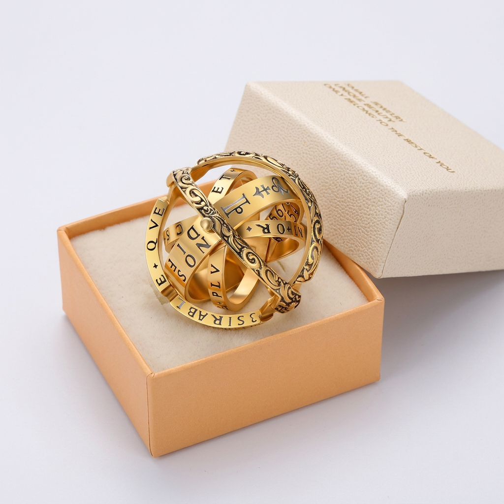 Golden US 10 Transformable Astronomical Sphere Ring - Alloy - 2-in-1 Ring and Pendant Design, Rotating Globe Structure, Retro Cosmic Style, Unisex Fashion Accessory