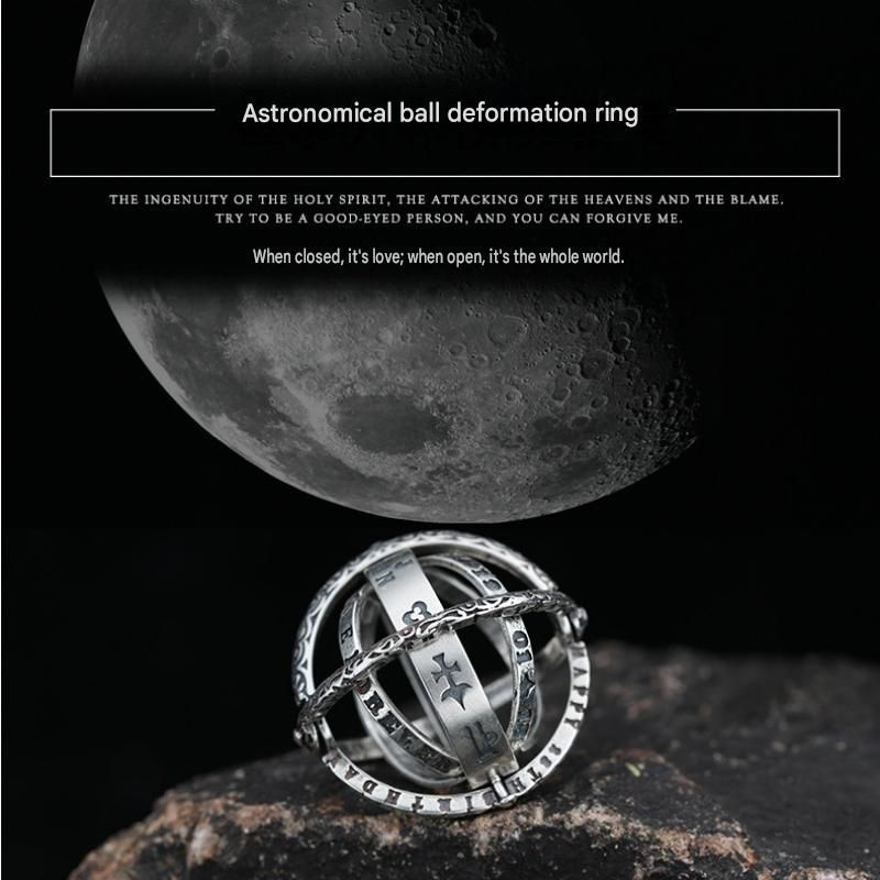 Golden US 10 Transformable Astronomical Sphere Ring - Alloy - 2-in-1 Ring and Pendant Design, Rotating Globe Structure, Retro Cosmic Style, Unisex Fashion Accessory