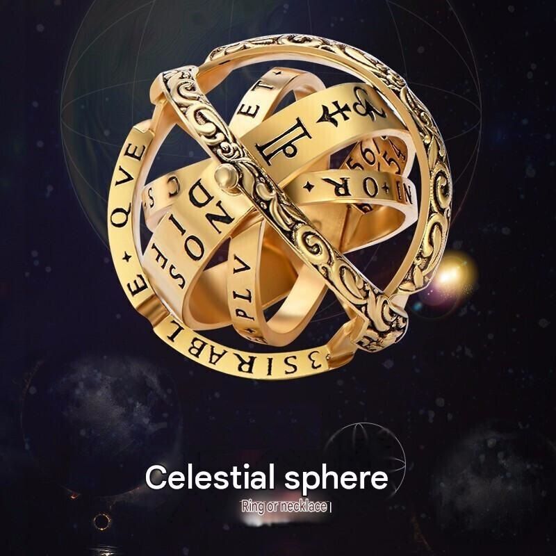 Golden US 10 Transformable Astronomical Sphere Ring - Alloy - 2-in-1 Ring and Pendant Design, Rotating Globe Structure, Retro Cosmic Style, Unisex Fashion Accessory