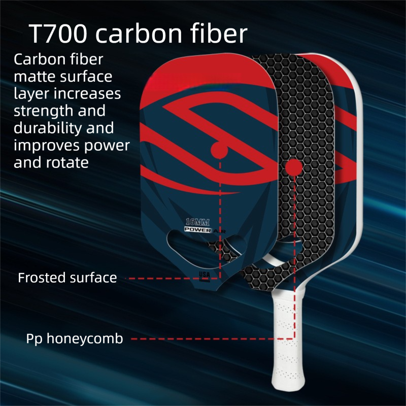 Grey T700 Carbon Fiber Pickleball Paddle - 16mm Thick - Power Air Aerodynamic Design, PP Honeycomb Core, Ergonomic Grip, USAPA Approved Standard for Competitive Play
