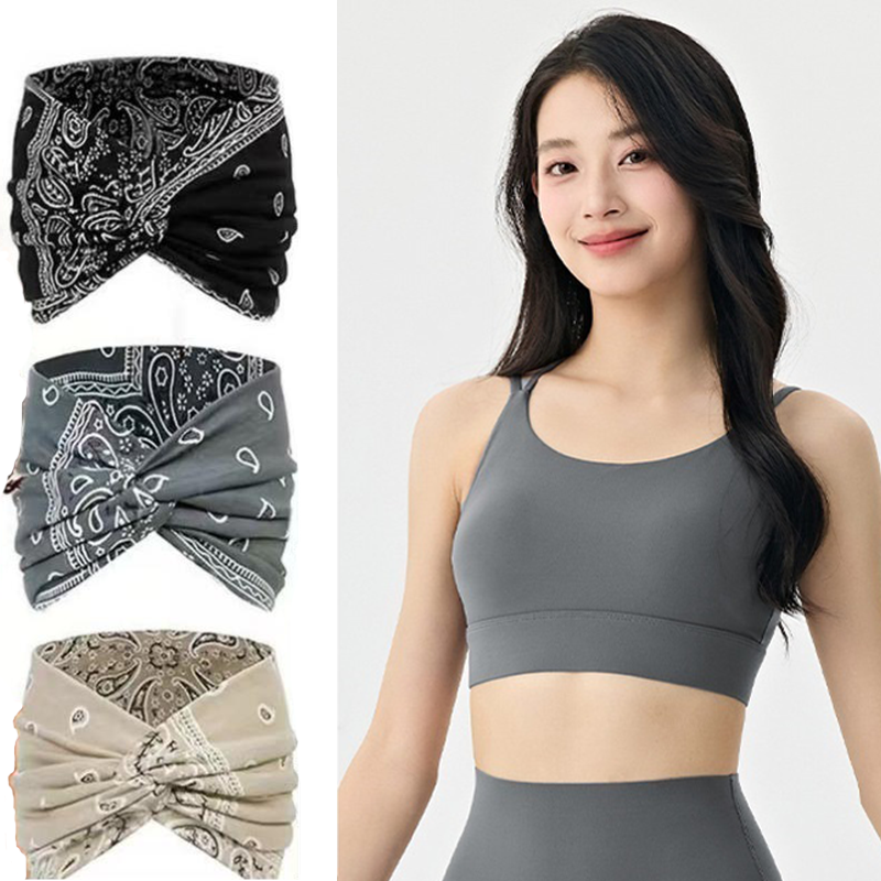 Outdoor sports combination-Grey XL Size thin shoulder straps Sports Bra with Adjustable Back Buckle and 3 Pack 18cm Boho Paisley Headband Set（Black and Grey and Beige） - Breathable Fixed Cup Yoga Top and Wide Elastic Hair Band for Gym Running and Daily We