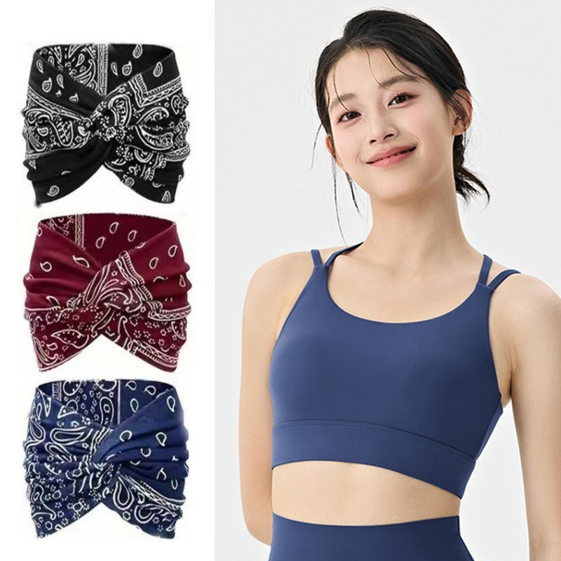 Outdoor sports combination-Blue L Size thin shoulder straps Sports Bra with Adjustable Back Buckle and 3 Pack 18cm Boho Paisley Headband Set（Black and Red and Blue） - Breathable Fixed Cup Yoga Top and Wide Elastic Hair Band for Gym Running and Daily Wear