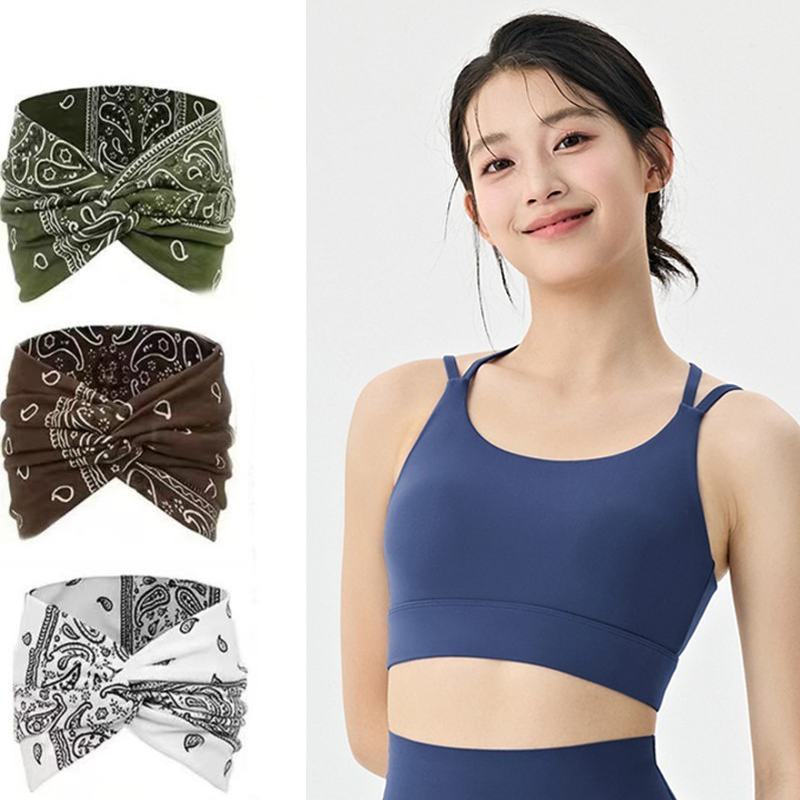 Outdoor sports combination-Blue L Size thin shoulder straps Sports Bra with Adjustable Back Buckle and 3 Pack 18cm Boho Paisley Headband Set（Green and Coffee and White） - Breathable Fixed Cup Yoga Top and Wide Elastic Hair Band for Gym Running and Daily W