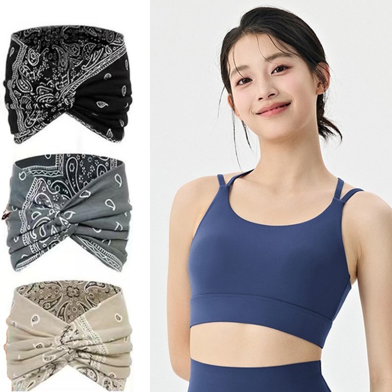 Outdoor sports combination-Blue L Size thin shoulder straps Sports Bra with Adjustable Back Buckle and 3 Pack 18cm Boho Paisley Headband Set（Black and Grey and Beige） - Breathable Fixed Cup Yoga Top and Wide Elastic Hair Band for Gym Running and Daily Wea