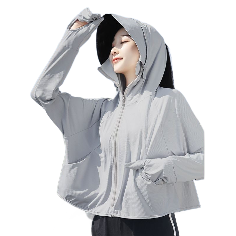 Light gray UPF50+ Sun Protection Hoodie for Women - Breathable Polyester Long Sleeve Cover-Up with Detachable Brim and Face Mask, Lightweight 300g Design for Outdoor Cycling Beach Travel