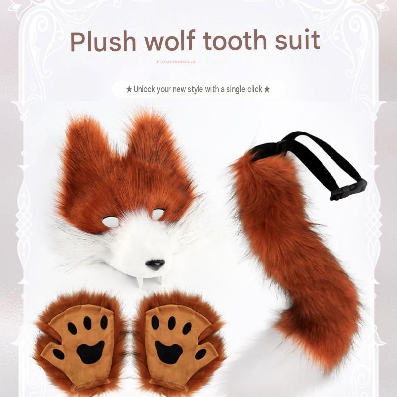 Straw-yellow Furry Animal Cosplay Half Suit Set - Fox Mask with Detachable Fangs, Faux Fur Paws and Wire Poseable Tail - Party Costume and Halloween Accessories