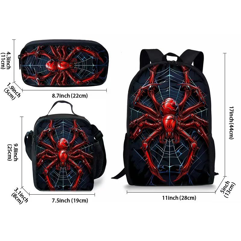 Style 2 3 Piece Spider Print School Bag Set - Large Capacity Polyester Backpack, Insulated Lunch Bag and Pencil Case - Lightweight Student Bookbag with Side Pocket for Boys Teens