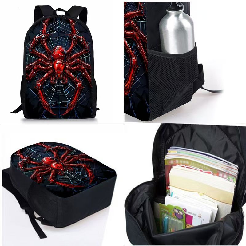 Style 2 3 Piece Spider Print School Bag Set - Large Capacity Polyester Backpack, Insulated Lunch Bag and Pencil Case - Lightweight Student Bookbag with Side Pocket for Boys Teens