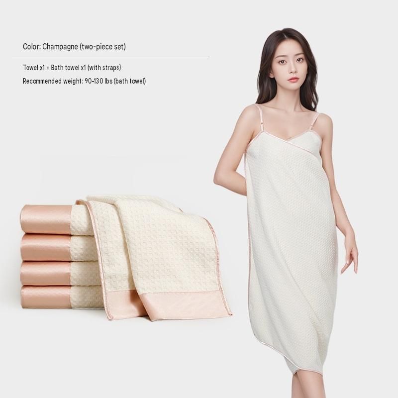 Champagne Wearable Waffle Bath Towel Set with Adjustable Straps - 70x150cm Quick Dry Wrap Dress and 35x75cm towel, Absorbent Spa Robe Alternative for Women, Shower and Gym Essential
