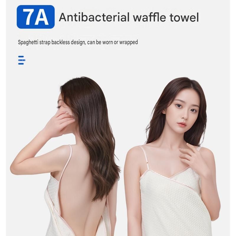 Champagne Wearable Waffle Bath Towel Set with Adjustable Straps - 70x150cm Quick Dry Wrap Dress and 35x75cm towel, Absorbent Spa Robe Alternative for Women, Shower and Gym Essential