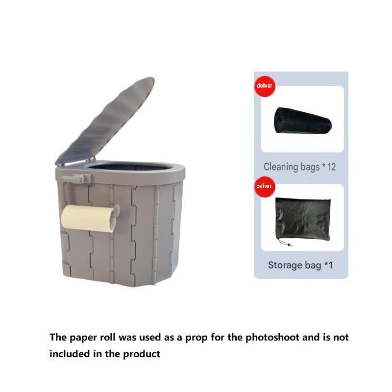 Grey Portable Folding Car Toilet -With toilet paper holder  Heavy Duty ABS Collapsible Camping Potty with Lid, Washable Emergency Travel Commode for Road Trips, Outdoor & Home Use