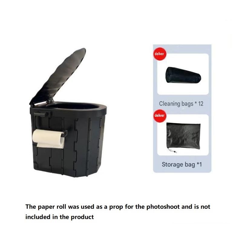 Black Portable Folding Car Toilet -With toilet paper holder  Heavy Duty ABS Collapsible Camping Potty with Lid, Washable Emergency Travel Commode for Road Trips, Outdoor & Home Use