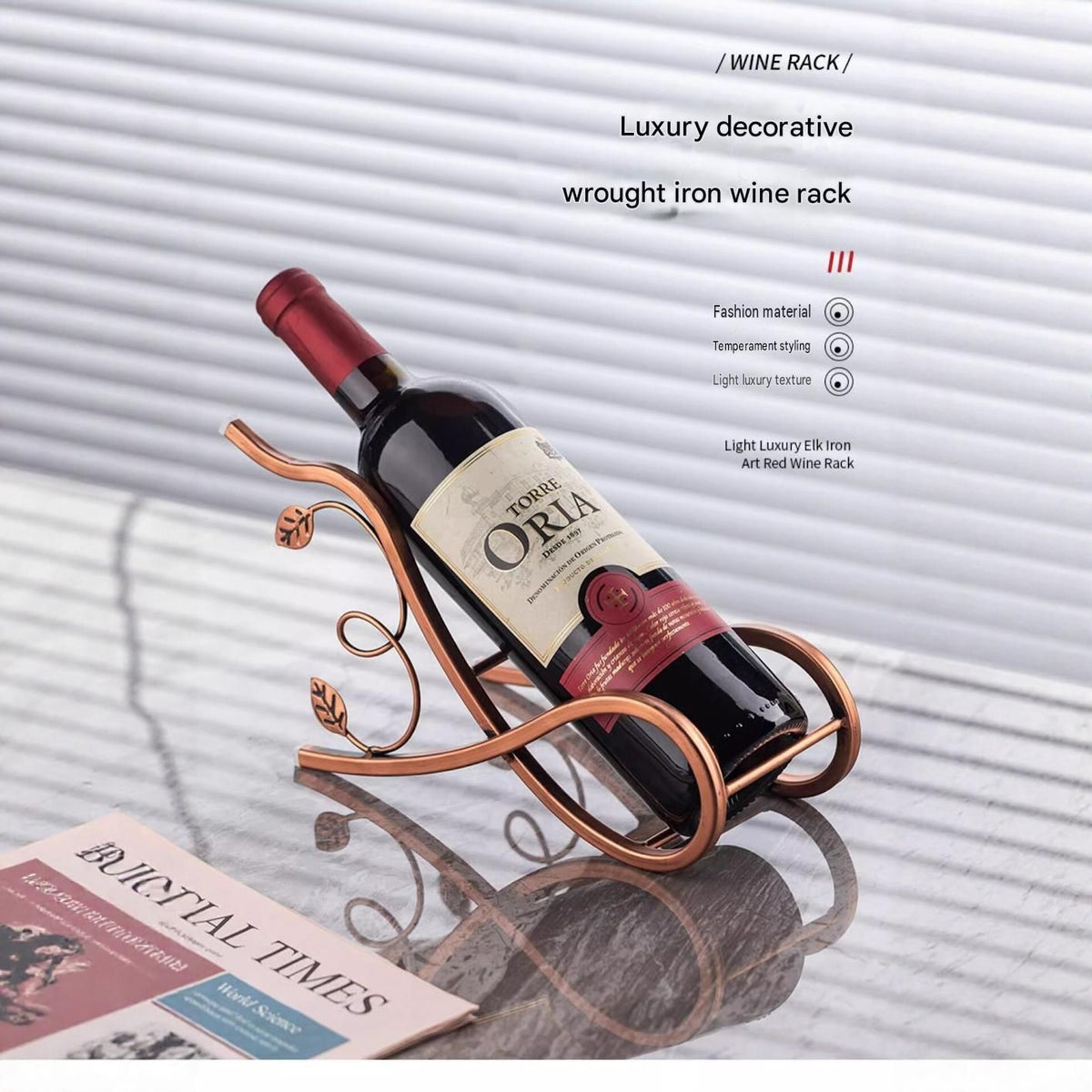 Rose gold Artistic Leaf Design Decorative Iron Wine Rack - Elegant Leaf Design Countertop Wine Bottle Holder, Stable Metal Wine Stand for Dining Table Kitchen Bar, Rust Resistant Home Decor Gift