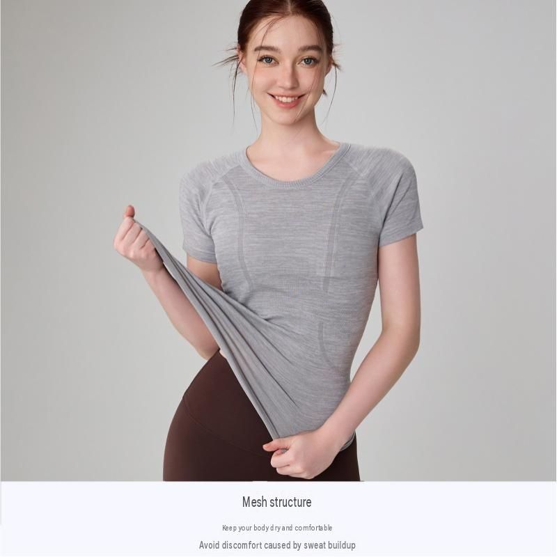 Purple L size  Seamless Yoga Top Women - Lightweight Nylon Short Sleeve Workout Shirt - Breathable Mesh Structure, Slimming Waist Fit, Quick Dry Athletic Tee for Running Gym Fitness