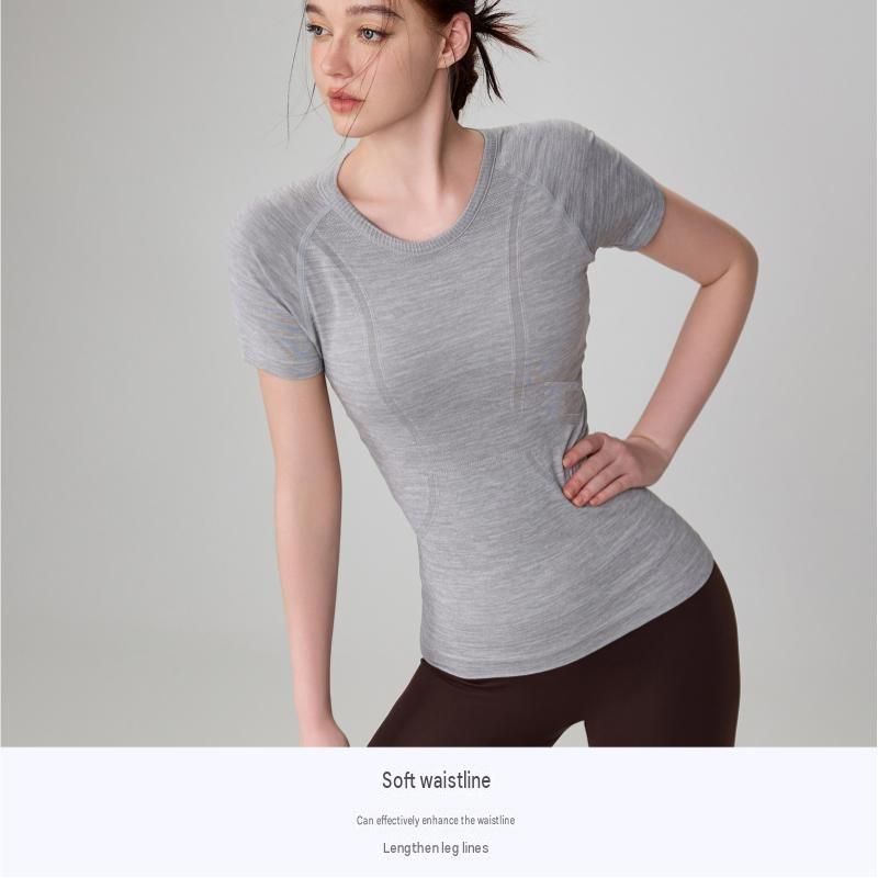 Green XL size  Seamless Yoga Top Women - Lightweight Nylon Short Sleeve Workout Shirt - Breathable Mesh Structure, Slimming Waist Fit, Quick Dry Athletic Tee for Running Gym Fitness