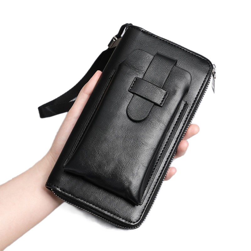 Black Retro Leather 2-in-1 Men's Wallet & Phone  storage pouch - Multi-Card Zipper Clutch with Front Pocket - Vintage Business Pocket for Phone & Cards