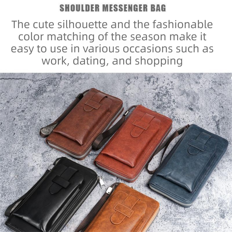 Black Retro Leather 2-in-1 Men's Wallet & Phone  storage pouch - Multi-Card Zipper Clutch with Front Pocket - Vintage Business Pocket for Phone & Cards