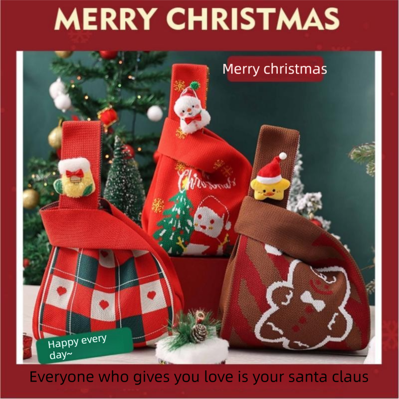 Red Christmas Knitted Gift Bag - Festive Reusable Tote with Cute Sock shape Plush Charm - Holiday Party Favor & Apple Wrapper for Xmas Decor
