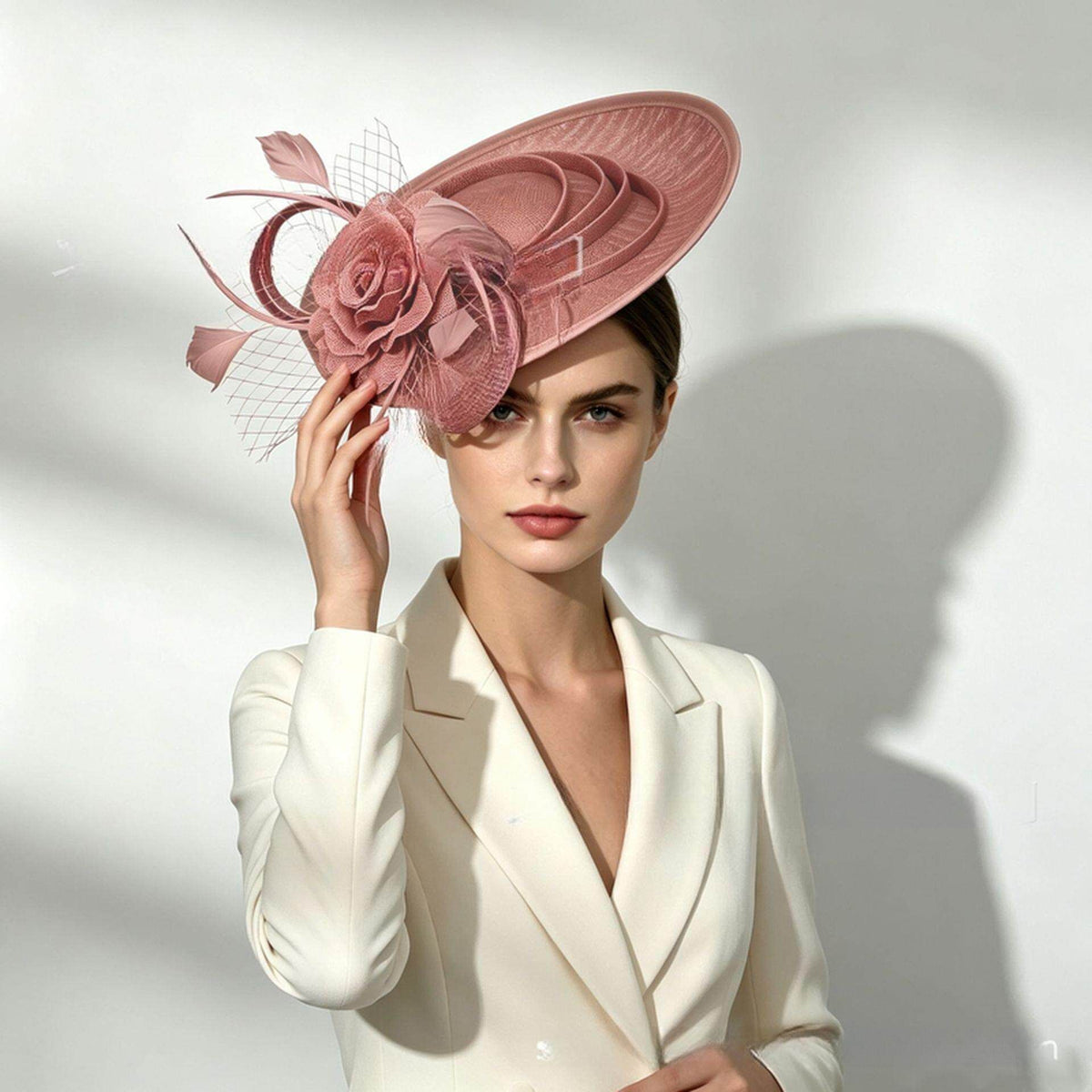Pink Saucer Fascinator Hat with Handcrafted Mesh Rose - Lightweight Wedding & Horse Race Day Headpiece with Feathers