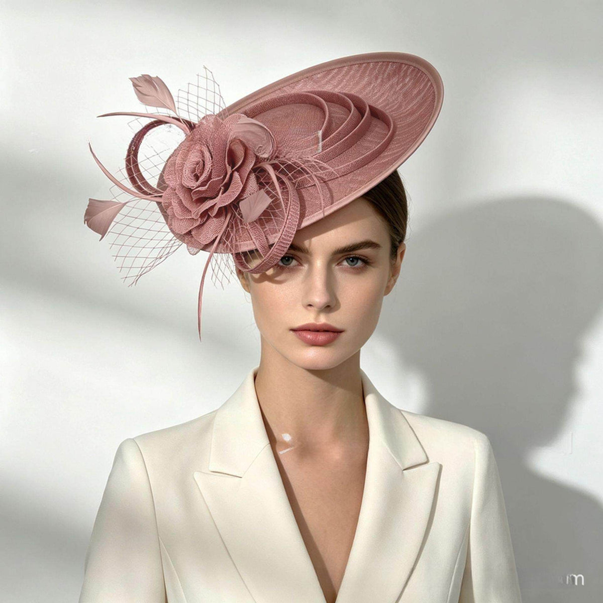 Pink Saucer Fascinator Hat with Handcrafted Mesh Rose - Lightweight Wedding & Horse Race Day Headpiece with Feathers