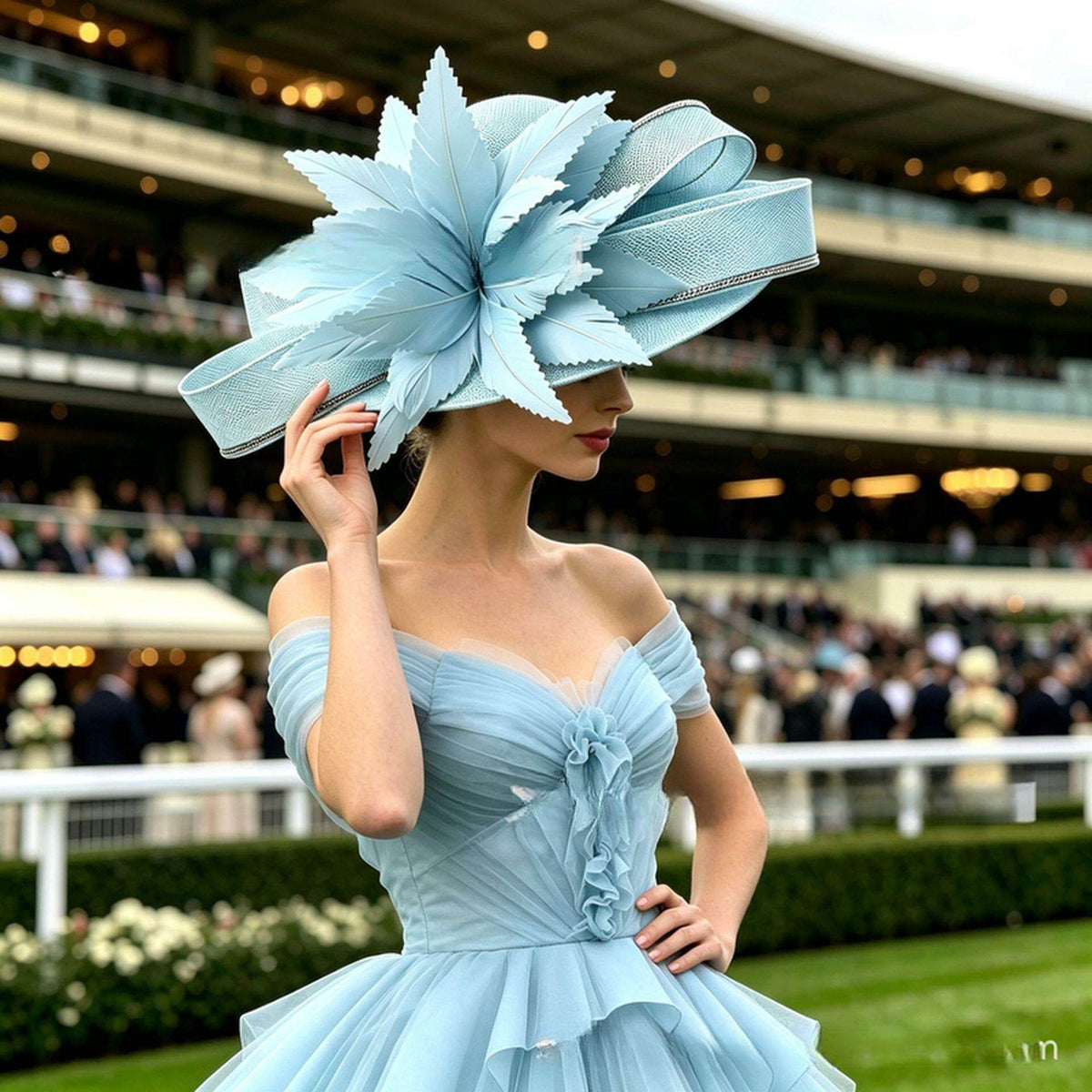 Blue Oversized Sinamay Statement Fascinator - Large Leaf & Rhinestone Trim Derby Hat for Weddings & Race Day