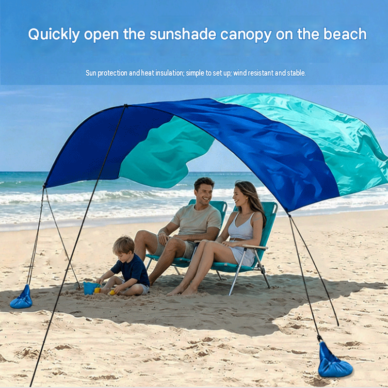 3x3m Blue Portable Wind-Powered Beach Tent – Sunshade Canopy Shelter with Sand Anchors for Family Beach Trips