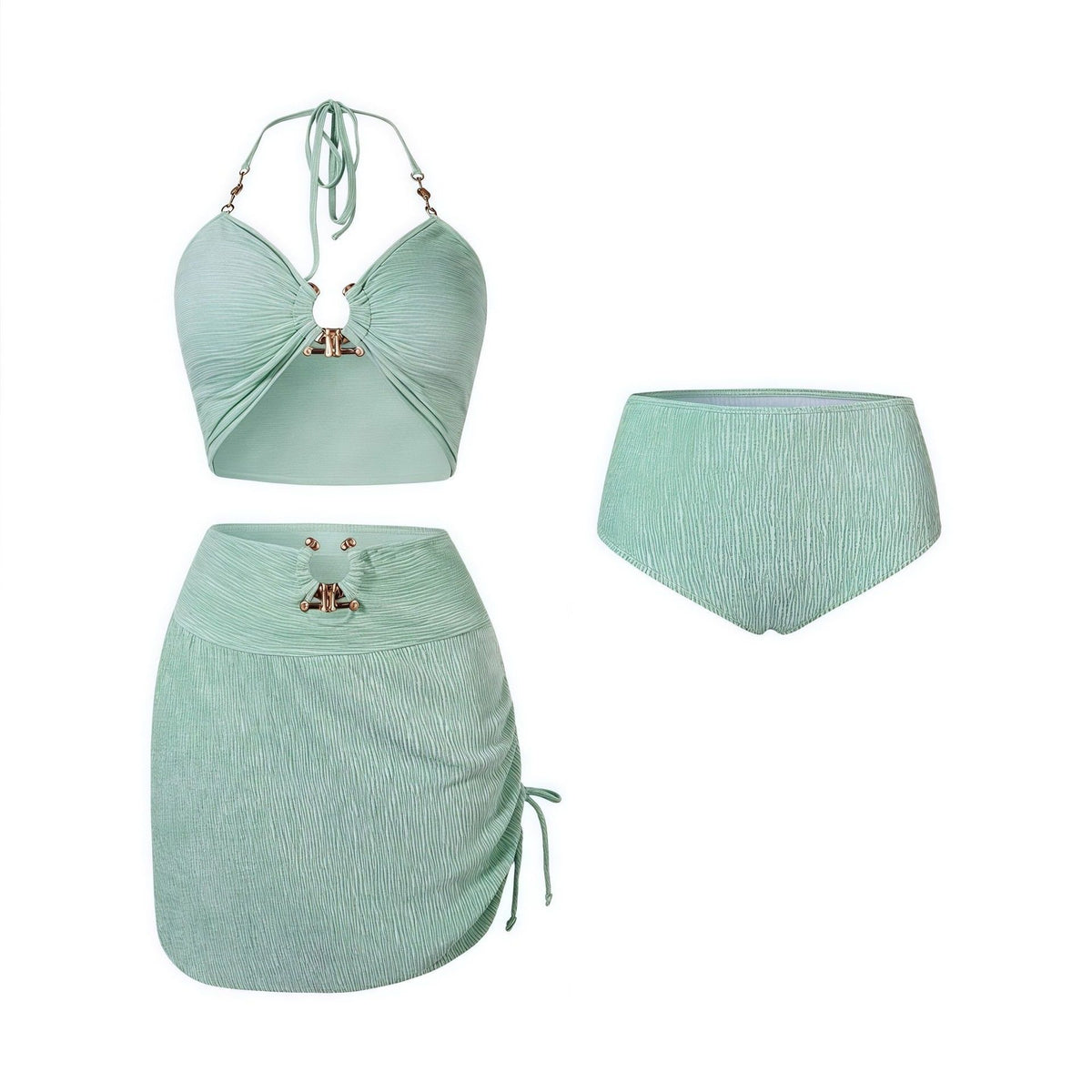 Mint Green Beach Holiday Outfit M size Ruched Halter Bikini Set with Skirt - 3 Piece Polyester Swimwear, Padded Wireless Top & High Waist Cover Up