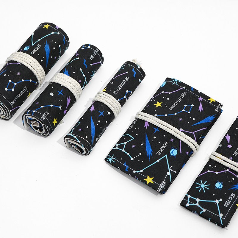 Starry Sky Roll-Up Pencil Case - 48-Slot Canvas Pencil Wrap, 58 x 20 cm Large Capacity Tie Closure Storage for Drawing, Sketching and Art Supplies