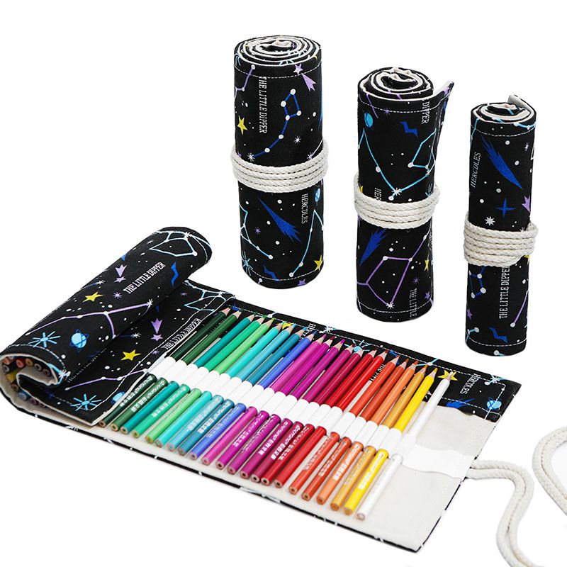 Starry Sky Roll-Up Pencil Case - 72-Slot Canvas Pencil Wrap, 82 x 20 cm Extra Large Capacity Tie Closure Storage for Drawing and Art Supplies