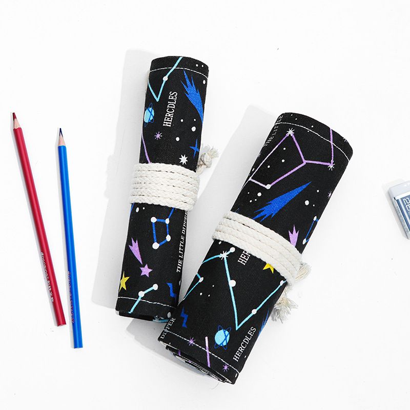 Starry Sky Roll-Up Pencil Case - 72-Slot Canvas Pencil Wrap, 82 x 20 cm Extra Large Capacity Tie Closure Storage for Drawing and Art Supplies