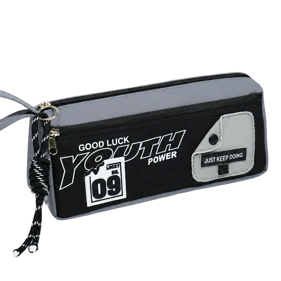 1-Pack Large Capacity Double-Zip Pencil Case (Black and gray color scheme)- Stationery Storage Pouch with Front Pocket, Wrist Strap and 3D Patch, 22 x 6.5 x 10 cm